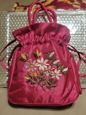 Multi Color Satin Drawstring Floral Embroidered Women’s Bag